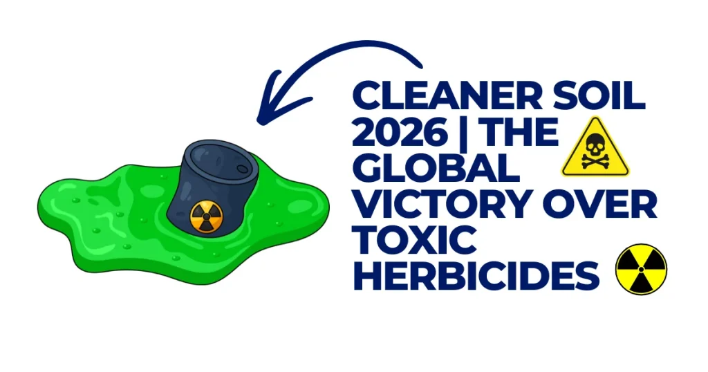 Illustration for Cleaner Soil 2026 showing a radioactive waste barrel in green sludge with text celebrating the global victory over toxic herbicides.