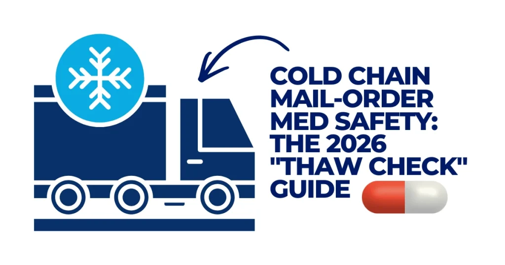 Graphic for the 2026 Thaw Check Guide showing a refrigerated delivery truck with a snowflake icon and a red and white medicine capsule, illustrating cold chain mail-order medication safety.