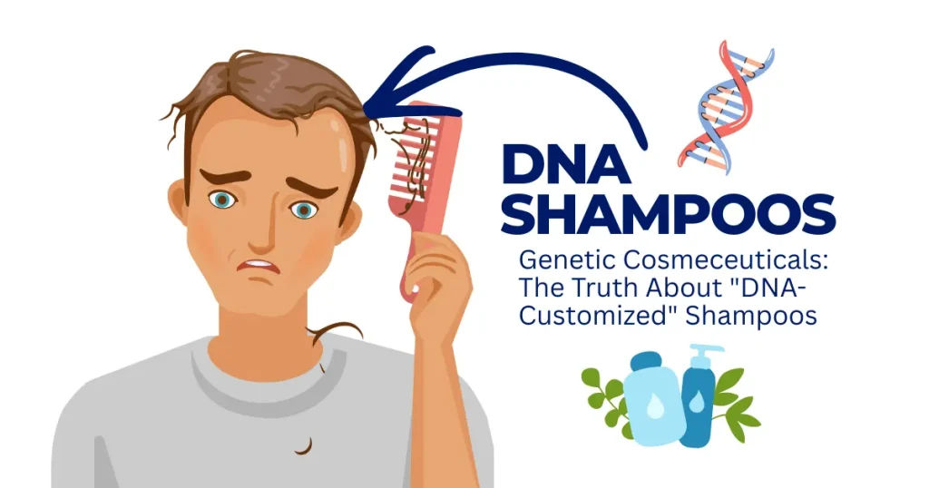 Illustration of a man concerned about hair loss holding a comb, next to text reading "DNA Shampoos: The Truth About Genetic Cosmeceuticals."