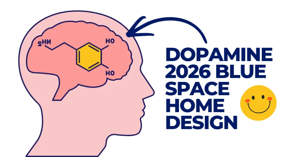 Dopamine | 2026 Blue Space Home Design Illustration of a human head with a brain containing a dopamine chemical formula, next to text reading "Dopamine 2026 Blue Space Home Design" and a yellow smiley face icon.