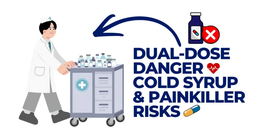 A medical illustration warning about "Dual-Dose Danger," showing a healthcare professional with a medication cart and icons highlighting the risks of combining cold syrup and painkillers.