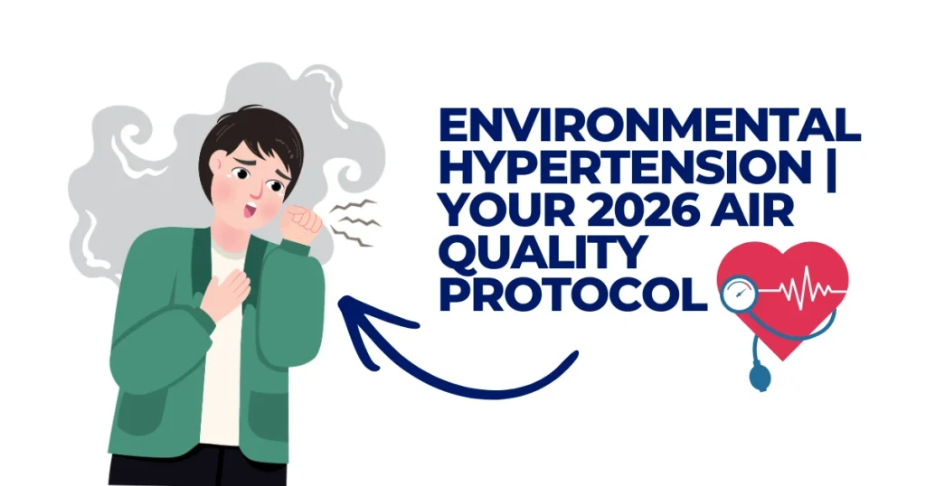 Illustration of a person coughing in smog next to a heart health icon, representing the link between poor air quality and environmental hypertension for a 2026 health protocol.
