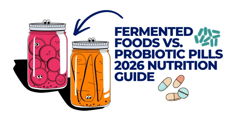 Fermented Foods vs. Probiotic Pills | 2026 Nutrition Guide Illustration comparing fermented foods in glass jars (beets and carrots) with probiotic supplement capsules and pills for the 2026 Nutrition Guide. Fermented Foods vs. Probiotic Pills