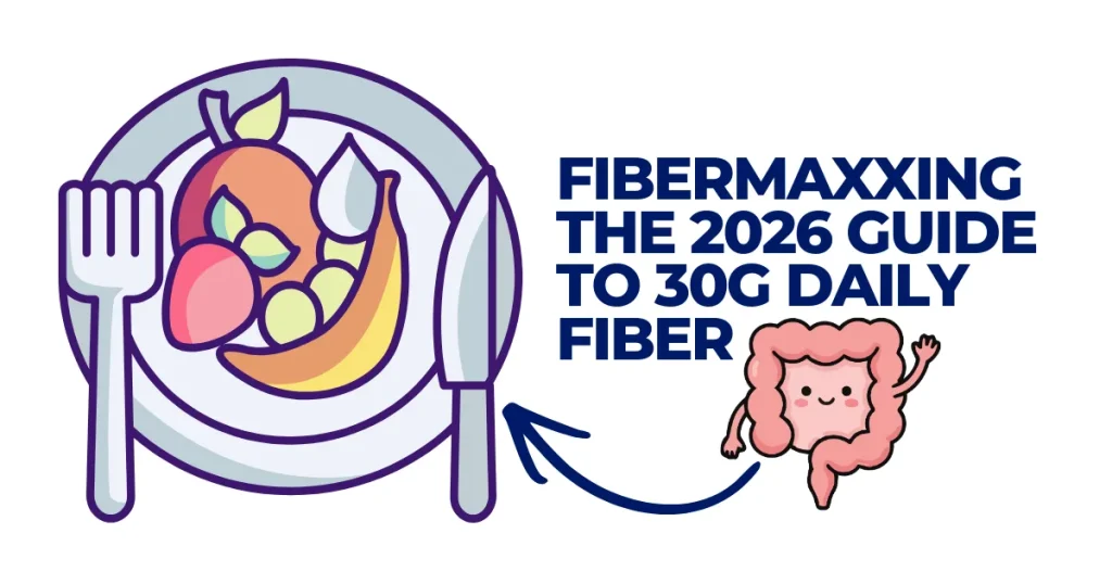 Illustration of a healthy plate with fruits and vegetables next to a happy cartoon intestine, titled Fibermaxxing: The 2026 Guide to 30g Daily Fiber.
