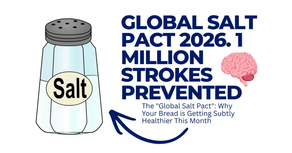Illustration of a salt shaker and a human brain with text announcing the Global Salt Pact 2026 and the prevention of 1 million strokes through reduced sodium in bread.