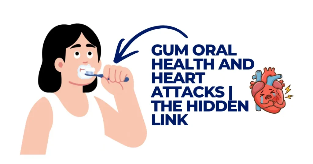 Illustration showing the link between gum disease and heart health, featuring a person brushing teeth and an icon of a distressed heart.