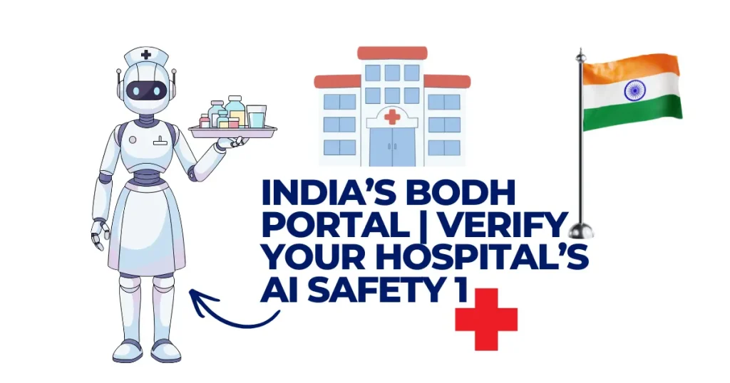 Illustration of India’s BODH Portal for verifying hospital AI safety, featuring a robot nurse, a medical facility icon, and the Indian national flag.
