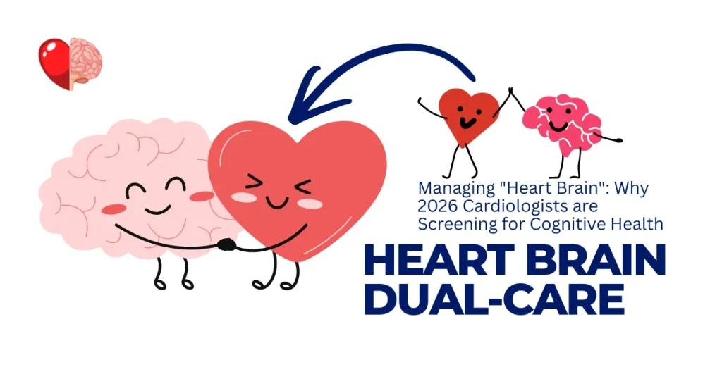 Illustration of a cartoon heart and brain holding hands, titled Managing Heart-Brain Dual-Care 2026 Guide for cardiologists and cognitive health.
