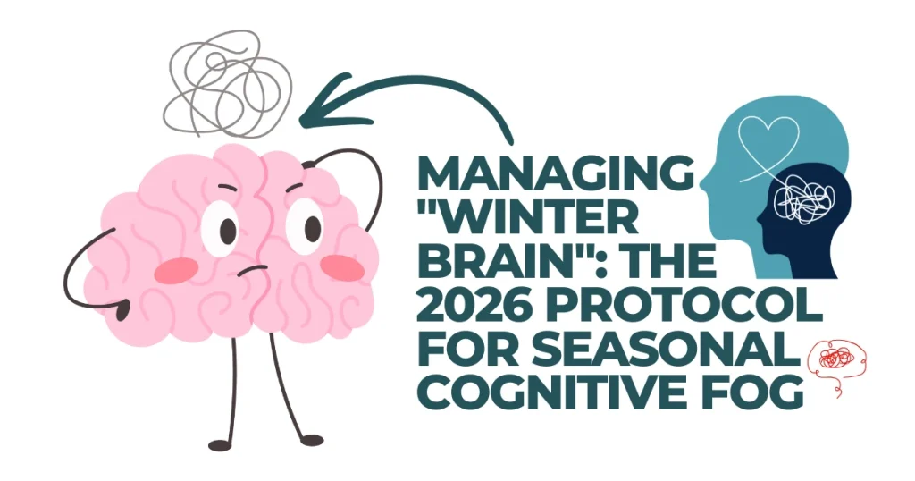 Fix "Winter Brain" Fast Illustrated pink brain character looking confused with a "Winter Brain" scribble above it, alongside text reading "Managing Winter Brain: The 2026 Protocol for Seasonal Cognitive Fog."