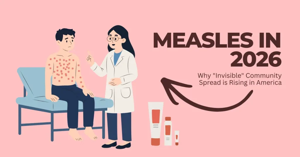 Measles 2026 | The Rise of Invisible Spread #1 NEWS Illustration of a female doctor examining a young patient with a red measles rash, titled "Measles in 2026: Why Invisible Community Spread is Rising in America."