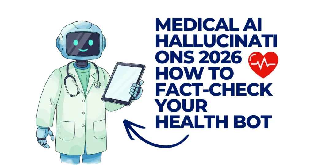 Illustration of a robot doctor in a lab coat holding a tablet with text "Medical AI Hallucinations 2026: How to Fact-Check Your Health Bot," featuring a red heart pulse icon.