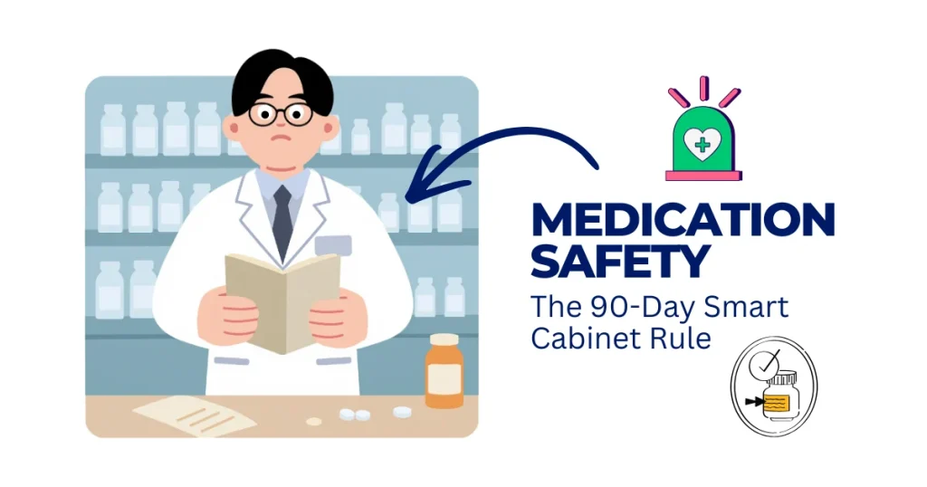 Illustration of a pharmacist in a white coat reviewing a logbook in front of a medicine shelf, featuring the text "Medication Safety: The 90-Day Smart Cabinet Rule."