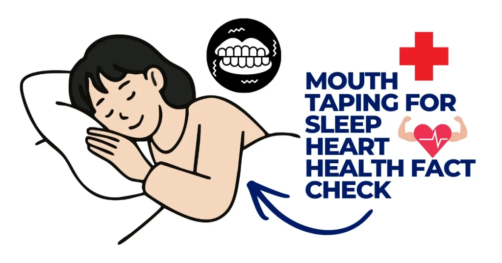 Illustration of a woman sleeping peacefully with an overlay icon of teeth grinding and text "Mouth Taping for Sleep Heart Health Fact Check" alongside a strong heart icon.