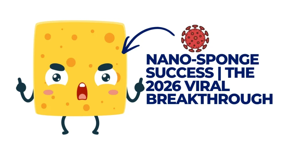 Cartoon nano-sponge character trapping a red virus icon, representing the 2026 breakthrough in nanomedicine and viral treatment.