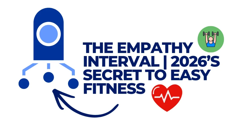Blue nanobot illustration with a red heart pulse icon and a person lifting weights, promoting The Empathy Interval 2026 heart cleaning and fitness technology.