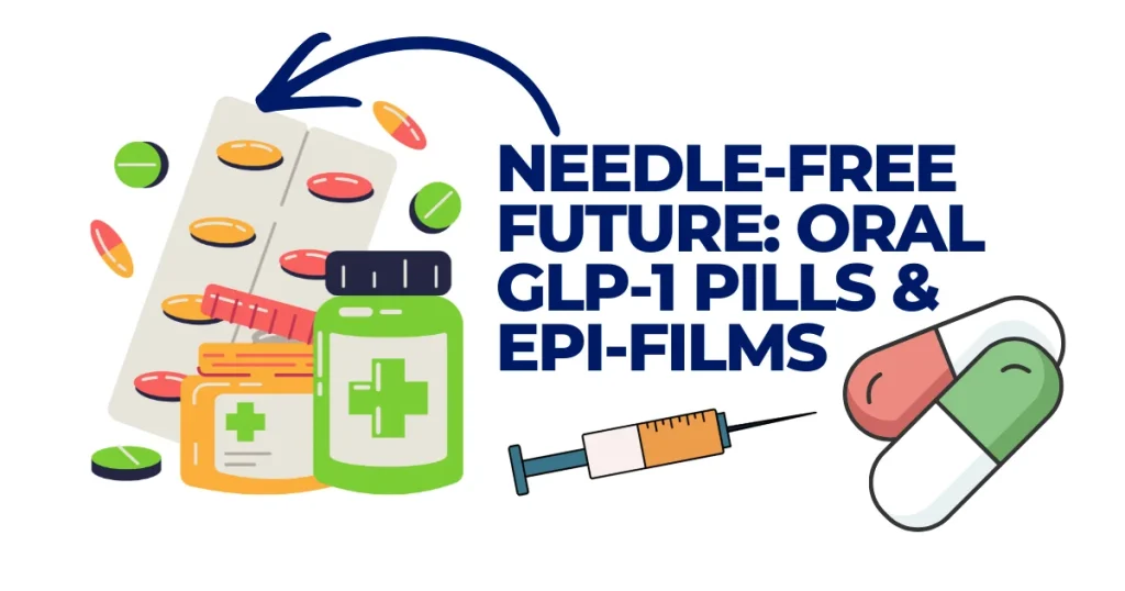 Needle-Free Future: Oral GLP-1 Pills & Epi-Films New Technic Illustration showing oral medication bottles and blister packs replacing a syringe, titled "Needle-Free Future: Oral GLP-1 Pills & Epi-Films" to represent medical advancements in needle-free drug delivery.