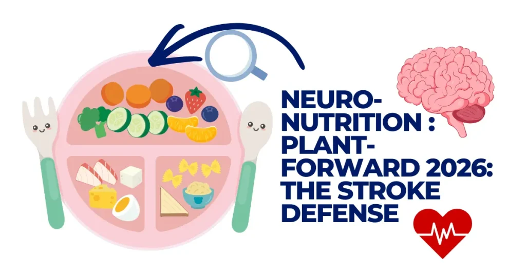 An infographic titled Neuro-Nutrition: Plant-Forward 2026 showing a divided plate with colorful vegetables, fruits, proteins, and grains next to a human brain and heart icon, illustrating a stroke defense diet.