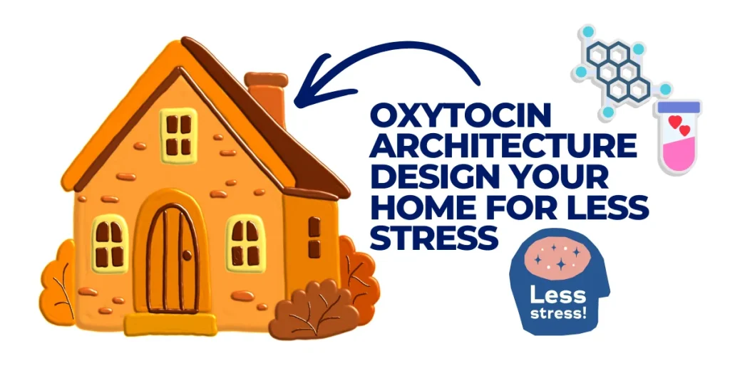 Clay-style illustration of a cozy house with the text Oxytocin Architecture: Design Your Home for Less Stress and neurobiology icons.