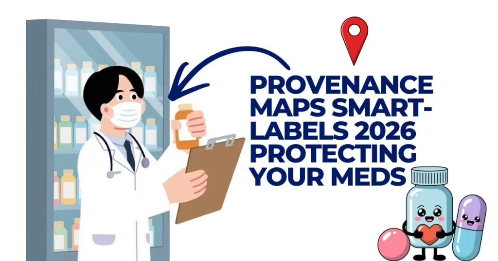 Illustration of a pharmacist in a mask holding a pill bottle with "Provenance Maps Smart-Labels 2026" text, highlighting medication safety and supply chain tracking.