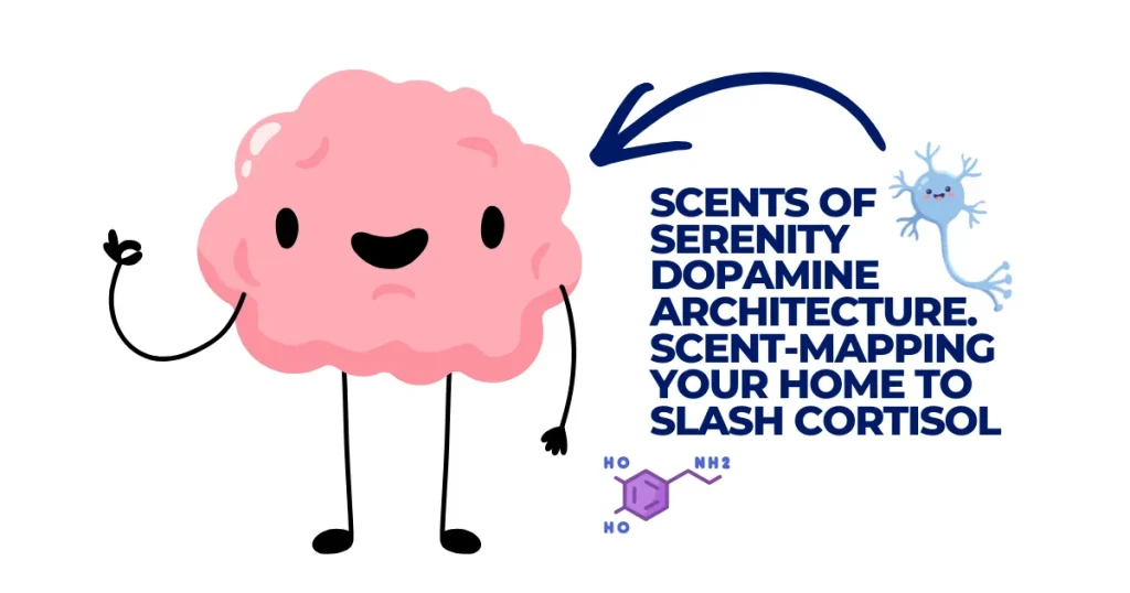 An adorable cartoon brain character standing next to text about "Dopamine Architecture" and scent-mapping to reduce cortisol, featuring a dopamine molecule diagram and a cute neuron illustration.