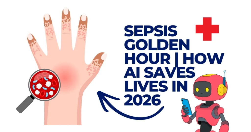Illustration showing a hand with sepsis symptoms, a magnifying glass viewing infected blood cells, and a medical AI robot assistant. Text reads: Sepsis Golden Hour | How AI Saves Lives in 2026.