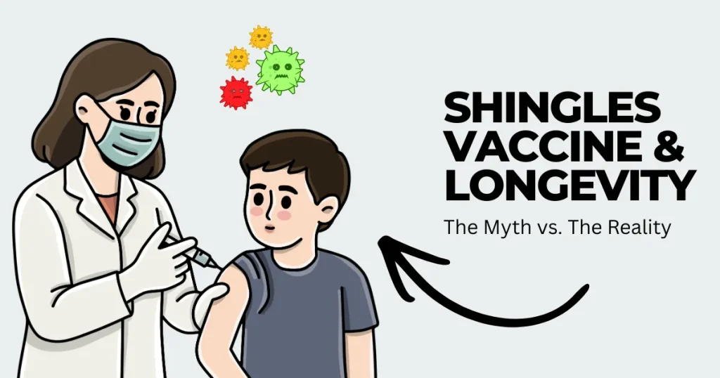An illustration of a healthcare professional administering a shingles vaccine to a patient, featuring text that reads "Shingles Vaccine & Longevity: The Myth vs. The Reality."