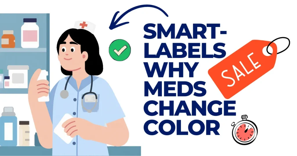 A female nurse in uniform holding medication bottles next to the text "Smart-Labels Why Meds Change Color," featuring icons of a green checkmark, a sale tag, and a stopwatch timer.