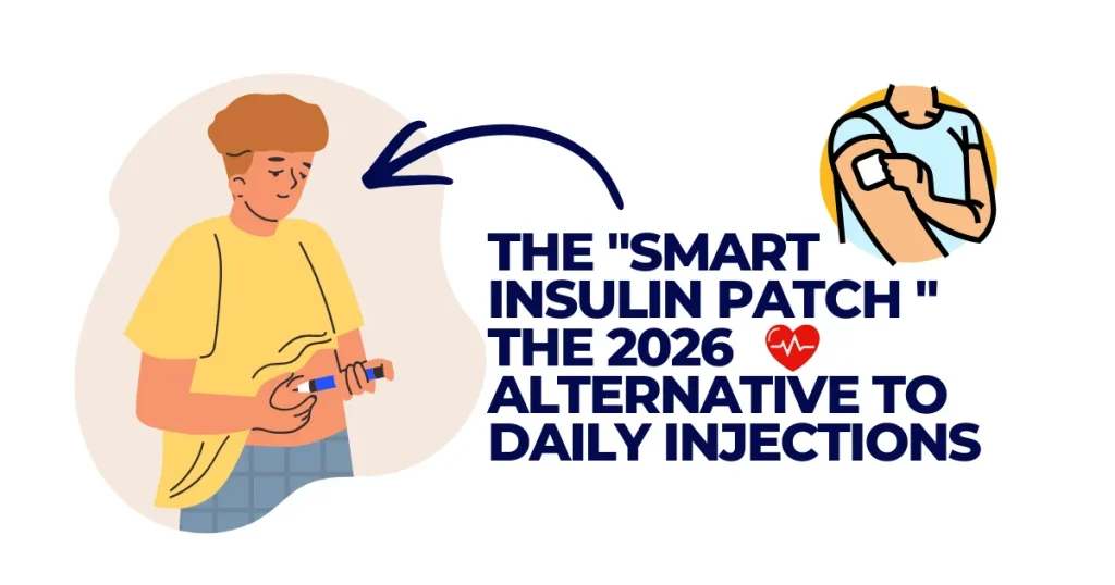 Illustration of the 2026 Smart Insulin Patch showing a person transitioning from daily insulin injections to a wearable glucose-responsive dermal patch.