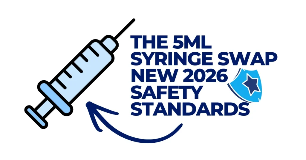 Flat vector illustration of a light blue 5mL medical syringe with an arrow pointing to text that reads "The 5mL Syringe Swap New 2026 Safety Standards" and a blue star shield icon.