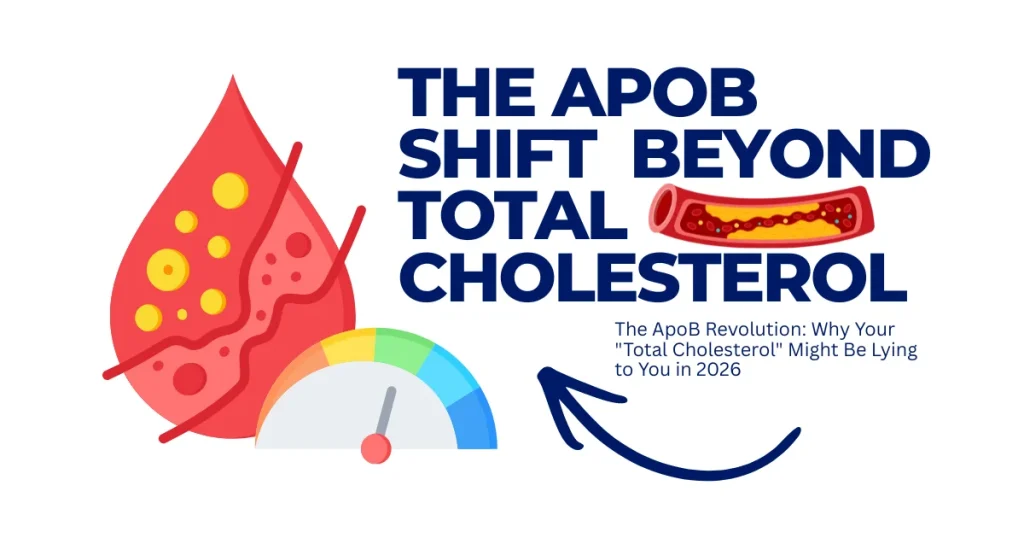Infographic explaining the ApoB Shift and why Apolipoprotein B is a more accurate heart health marker than total cholesterol in 2026.