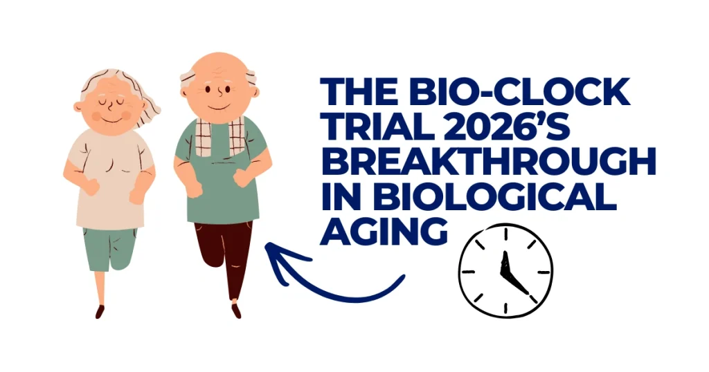 Illustration of an elderly couple running next to a clock icon and text reading "The Bio-Clock Trial 2026's Breakthrough in Biological Aging."