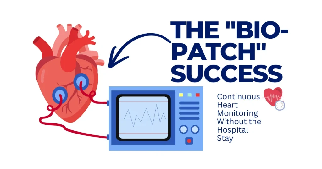 Illustration of the Bio-Patch success for continuous heart monitoring showing a human heart connected to a digital medical monitor screen.