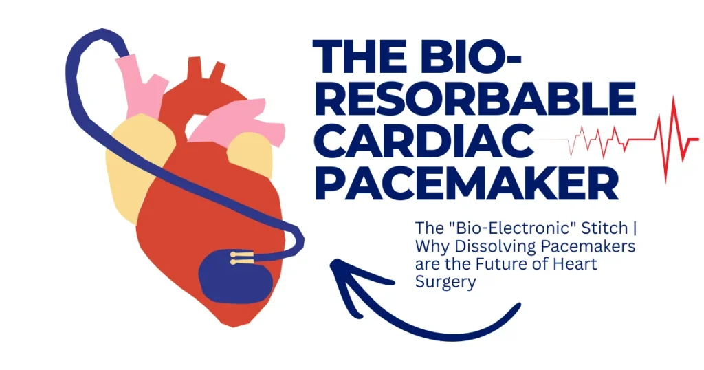 Accessibility and Google Image search ranking. Alt Text: Illustration of a bio-resorbable cardiac pacemaker on a human heart showing the bio-electronic stitch technology for temporary post-surgery heart monitoring.