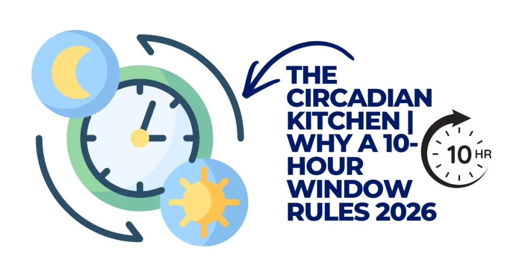 The Circadian Kitchen | Why a 10-Hour Window Rules 2026 Graphic titled The Circadian Kitchen explaining the 10-hour eating window for 2026, featuring a clock icon with sun and moon symbols representing time-restricted feeding.