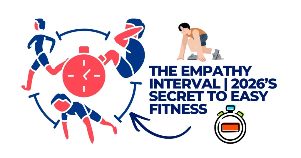 Illustration of The Empathy Interval fitness program showing runners, sit-ups, and push-ups around a stopwatch icon with the 2026 secret to easy fitness headline.