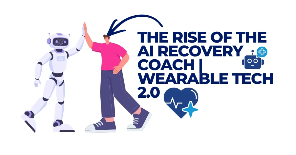 An illustration showing a friendly white AI robot giving a high-five to a person, representing an AI recovery coach for wearable technology and health tracking.