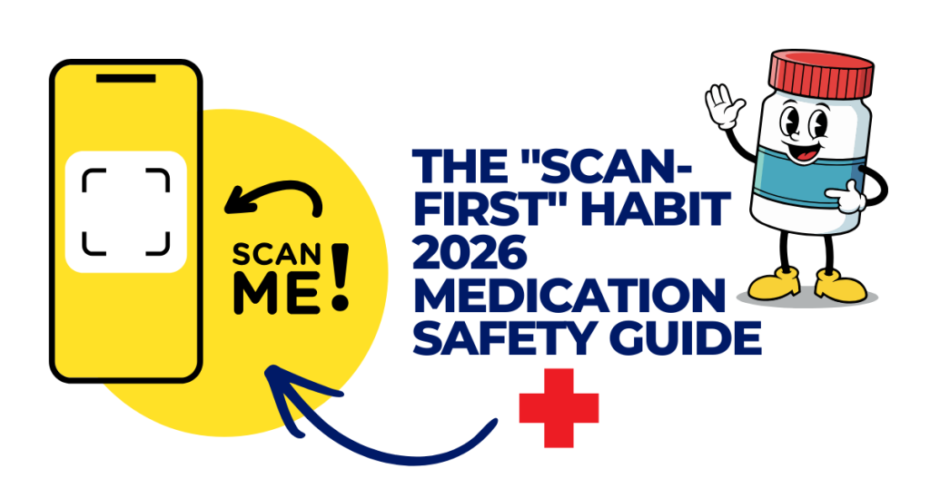 Illustration of the "Scan-First" Habit 2026 Medication Safety Guide featuring a yellow smartphone scanning a QR code and a friendly cartoon pill bottle character next to a red medical cross.