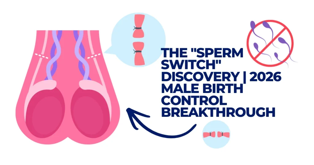 Diagram of the "Sperm Switch" male birth control procedure showing a reversible blockage of the vas deferens as a 2026 medical breakthrough.