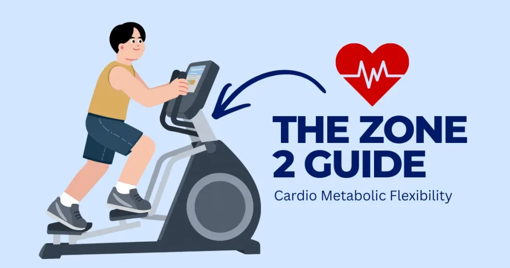 The Zone 2 Guide | Cardio Metabolic Flexibility Illustration of a man exercising on an elliptical machine for a Zone 2 training guide focused on cardio metabolic flexibility.