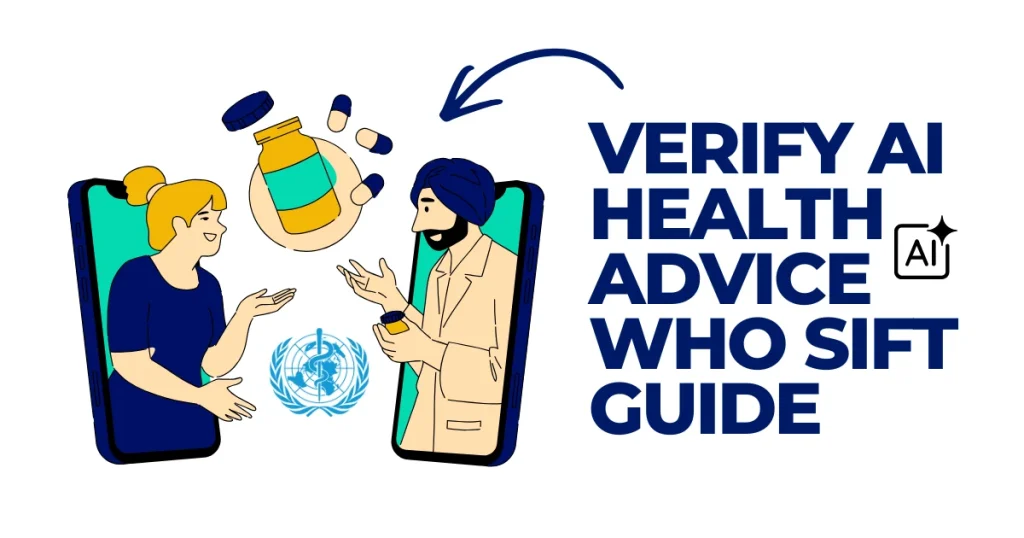 Illustration of a woman and a doctor on smartphone screens discussing medication, featuring the WHO logo and text "Verify AI Health Advice WHO SIFT Guide."