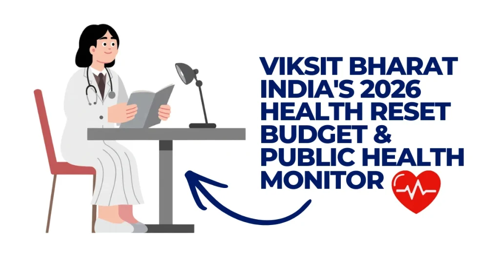 Illustration of a female doctor in a white coat sitting at a desk, next to text reading Viksit Bharat India's 2026 Health Reset Budget and Public Health Monitor with a heart rate icon.