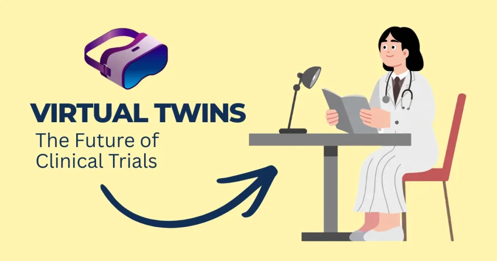 Illustration of a medical doctor reviewing data next to a VR headset, representing virtual twins technology in clinical trials.