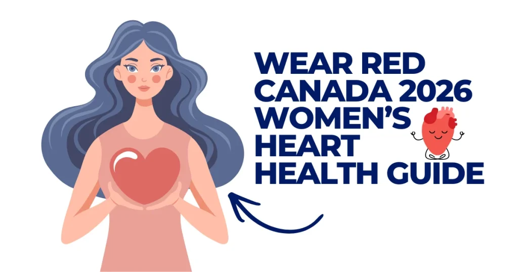 Illustration for Wear Red Canada 2026 showing a woman holding a heart and a meditating heart icon, promoting a Women’s Heart Health Guide.