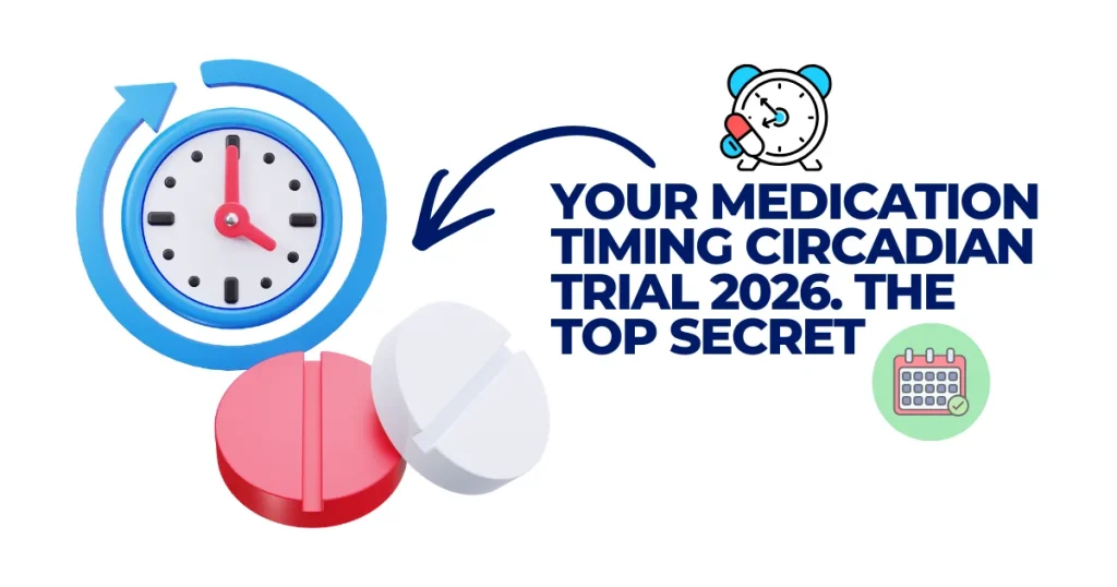 Graphic for Medication Timing Circadian Trial 2026 featuring a 3D clock icon, red and white pills, and text highlighting the importance of chronotherapy.