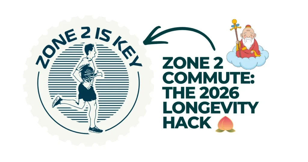 Illustration promoting Zone 2 commute for longevity, featuring a runner in a circular stamp next to a wise character on a cloud and the text 'Zone 2 Commute: The 2026 Longevity Hack.'