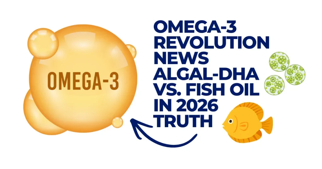 Graphic comparing Algal-DHA vs. Fish Oil for Omega-3 supplements in 2026, featuring an amber oil bubble, a fish icon, and green algae cells.