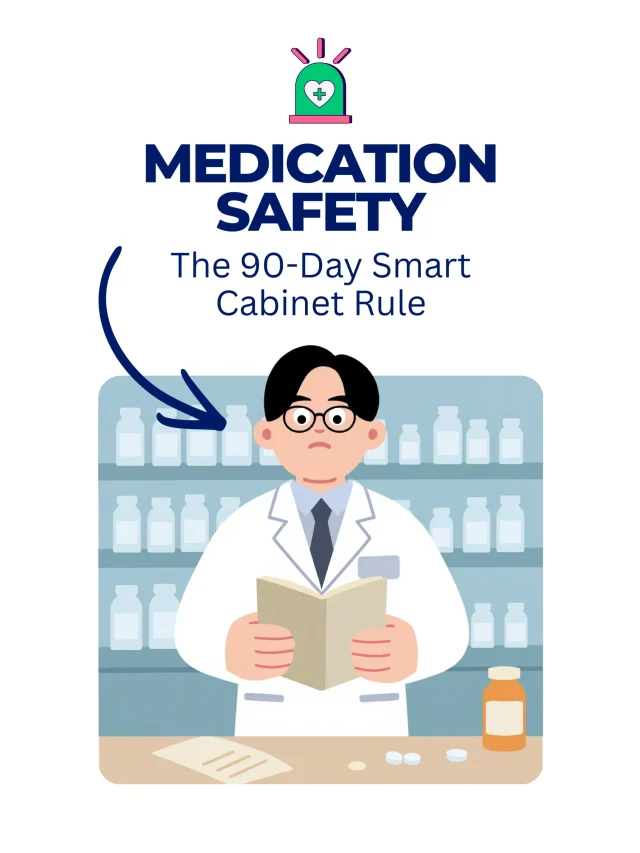 Illustration of a pharmacist in a white coat standing in front of medicine shelves, titled Medication Safety: The 90-Day Smart Cabinet Rule.