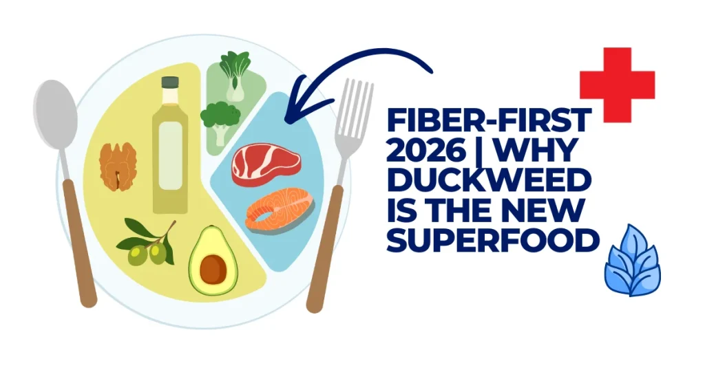 An infographic titled 'Fiber-First 2026' showing a healthy meal plate with avocado, salmon, steak, and broccoli, highlighting duckweed as a new superfood.