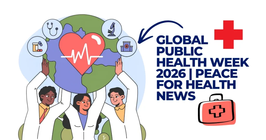 Medical professionals in lab coats holding up a globe with a red heart and heartbeat symbol, representing Global Public Health Week 2026 and Peace for Health news.