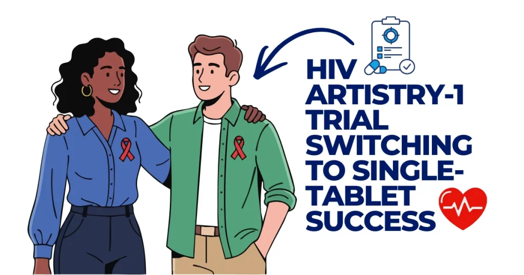 HIV ARTISTRY-1 Trial: Switching to Single-Tablet Success Illustration of a diverse man and woman wearing HIV awareness ribbons, highlighting the ARTISTRY-1 clinical trial success for switching to a single-tablet HIV treatment regimen.